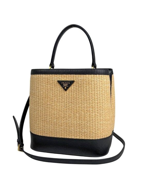Prada Handbags - Prada Pannier Logo 2-Way Shoulder Bag Straw Beige Black
